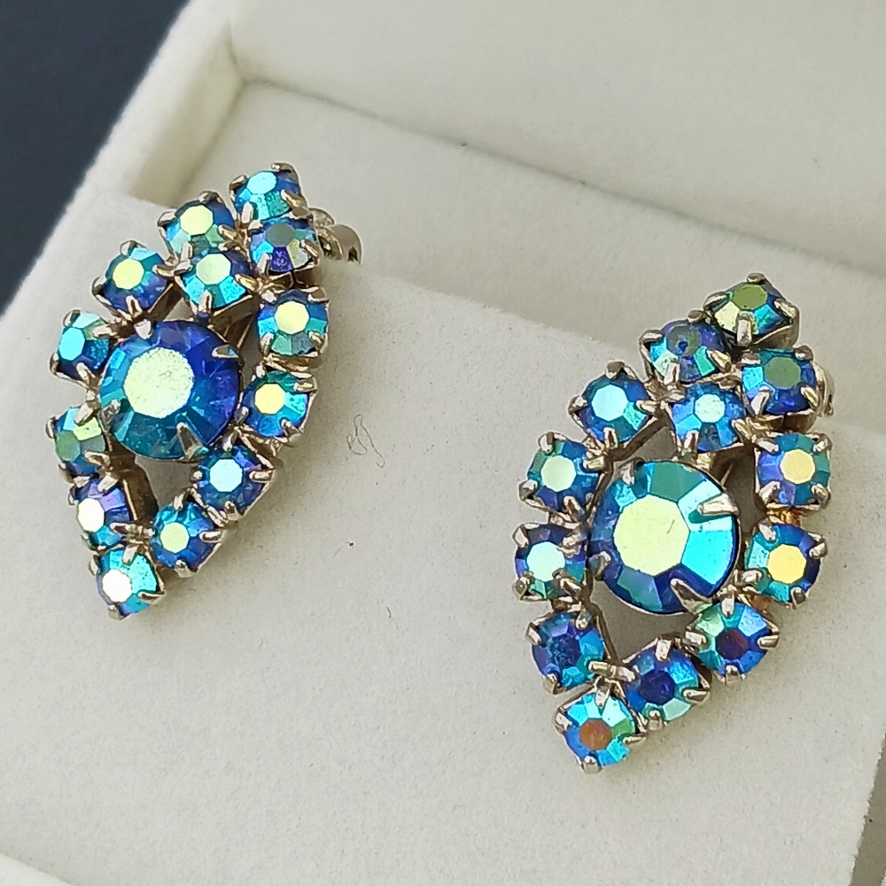 Vintage AB Aurora Borealis Earrings Clipon Eye Shape Blue Base Silver Sparkling